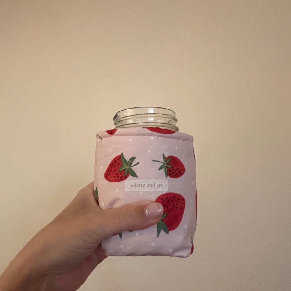 Handmade Strawberry Print Coffee Cozy